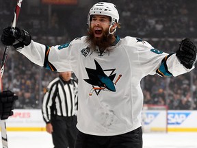 Brent Burns celebrates during first-period NHL playoff action against the L.A. Kings at the Staples Centre in L.A. on April 16, 2016. (AP Photo/Mark J. Terrill)