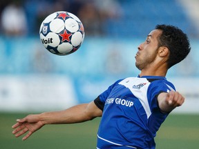 FC Edmonton midfielder Christian Raudales took offence to a teammate's actions during scrimmage at practice Wednesday. (Ian Kucerak)
