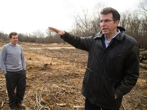 Howard Katz, right, seen above with his son, Jonathan, talks about land they recently cleared of trees, left, on Oxford Street west of Cherryhill Boulevard.  (MIKE HENSEN, The London Free Press)