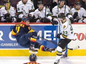 London Knight Mitch Marner flattens Patrick Fellows during the first period of their game against the Erie Otters at Erie Insurance Arena in Erie, Pennsylvania, USA on Wednesday April 20, 2016. (DEREK RUTTAN, The London Free Press)