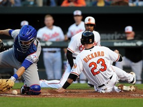 Orioles outfielder Joey Rickard (right) slides to score a run as Blue Jays catcher Josh Thole (left) cannot catch the ball during first inning MLB action in Baltimore on Wednesday, April 20, 2016. (Evan Habeeb/USA TODAY Sports)