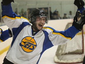 Stonewall Jets Eric Swanson celebrates his first period goal against the Pembina Valley Twisters during MMJHL playoff hockey in Stonewall, Man. Wednesday April 20, 2016.
Brian Donogh/Winnipeg Sun/Postmedia Network