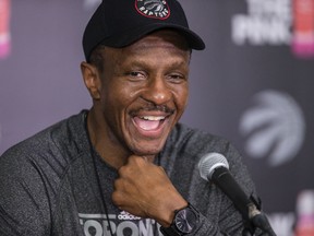 Raptors head coach Dwane Casey answers questions during a press conference after Raptors practice in Toronto on Tuesday, April 19, 2016. (Craig Robertson/Toronto Sun)