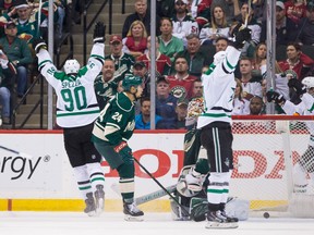 Stars forward Jason Spezza (90) celebrates after scoring a goal in the second period against the Wild in Game 4 of their first round playoff series in St. Paul, Minn., on Wednesday, April 20, 2016. (Brad Rempel/USA TODAY Sports)