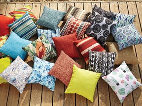 Throw cushions for your patio furniture are as luxurious as indoor cushions. Seen here is the CANVAS Outdoor Toss Cushions (Canadian Tire $14.99).