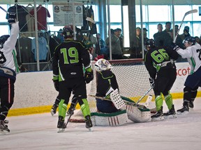 The Alexis Sioux celebrate scoring on the Frog Lake T-Birds (green) at the Terwillegar Community Rec Centre during the Alberta Native Provincial Hockey championships which draws families from First Nations communities across Alberta to Edmonton rinks, April 5, 2015. ED KAISER/Postmedia Network
