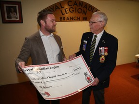 Jason Miller/The Intelligencer
Curt Flewelling of the Belleville General Hospital Foundation accepts a $10,000 donation from Andy Anderson, acting president of the Royal Canadian Legion Branch 99.