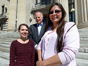 The three Liberal winners from the 2016 provincial election -- from left, Cindy Lamoureux (Burrows), Jon Gerrard (River Heights) and Cindy Klassen (Kewatinook) -- pose outside the Manitoba Legislature in Winnipeg on Thu., April 21, 2106.