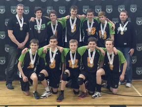 The Oxford Crush under-14 boys' volleyball team won bronze at the Ontario Volleyball Association's provincial championships two weekends ago. They play at Eastern Canadian Nationals May 5 to 8 in Ottawa.
Front row, from left: George Richard, Nick Ceman, Ethan Vlemmix, DJ Christie and Mitchell Clark.
Back row, from left: Head coach Jon Klingenberg, Nate Running, Braeden Sears, Colin Hutchinson, Ethan Laporte, Brad Prince and assistant coach Jeff Harris. (Submitted photo)