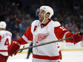 Detroit Red Wings center Pavel Datsyuk looks on after losing to the Tampa Bay Lightning in  game five of the first round of the 2016 Stanley Cup Playoffs at Amalie Arena. (Kim Klement/USA TODAY Sports)