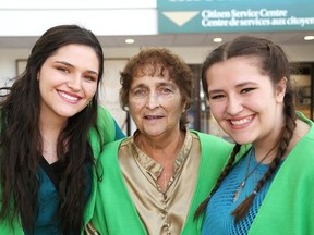 Heart transplant recipient Georgette Desormeaux and her grandchildren, Josee-Anne Carriere, left, and Danika Carriere, spoke at the Organ Donor Awareness press conference at Tom Davies Square on Tuesday. (John Lappa/Sudbury Star)