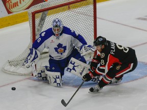 Garret Sparks was one of eight goalies to get a win for the Toronto Marlies this season. (DAVE THOMAS/Toronto Sun)