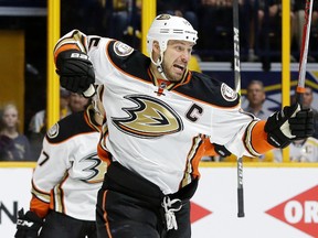 Anaheim Ducks center Ryan Getzlaf celebrates after scoring a goal against the Nashville Predators during the first period of Game 4 in an NHL hockey first-round Stanley Cup playoff series Thursday, April 21, 2016, in Nashville, Tenn. (AP Photo/Mark Humphrey)
