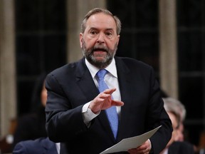NDP Leader Tom Mulcair asks a question during question period in the House of Commons in Ottawa on Thursday, April 21, 2016. THE CANADIAN PRESS/ Patrick Doyle