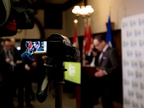 Finance Minster Joe Ceci delivers the 2016 provincial budget during an embargoed press conference at the Alberta Legislature on April 14, 2016 - Photo by Yasmin Mayne.