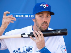 Toronto Blue Jays’ Chris Colabello hams it up on photo day at the team’s spring training facility in Dunedin, Fla. on Saturday, Feb. 27, 2016. (THE CANADIAN PRESS/Frank Gunn)