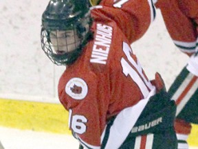 Nash Nienhuis, seen here during Game 4 of the Sarnia Legionnaires' first-round playoff series against the LaSalle Vipers on Tuesday March 8, 2016 in Sarnia, Ont, will be participating in the Legionnaires' annual spring mini-camp this weekend. Around 80 players will be split into four intrasquad teams to play three games each at Sarnia Arena. (Terry Bridge, The Observer)