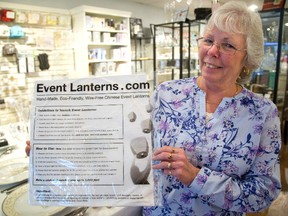Margaret Whitcroft of The Wedding Shopper sells event lanterns that are lit and then set aloft for weddings and other celebrations. (MIKE HENSEN, The London Free Press)
