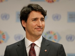 Prime Minister Justin Trudeau speaks during a press conference held on the sidelines of the Paris Agreement on climate change held at the United Nations Headquarters in Manhattan, New York, U.S., April 22, 2016. (REUTERS/Brendan McDermid)