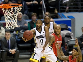 Akeem Scott of the London Lightning floats towards the basket during a recent NBL game against the Orangeville A's in London, Ont. on Wednesday March 30, 2016. (Free Press file photo)