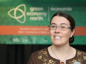 Rebecca Danard, executive director of reThink Green, makes a point at the launch of the Green Economy North program at Tom Davies Square in this file photo. (John Lappa/Sudbury Star)