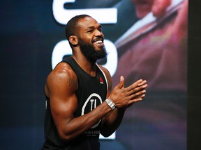 Jon Jones walks on stage during a weigh-in for UFC 197 in Las Vegas on Friday, April 22, 2016. Jones is scheduled to fight Ovince Saint Preux in an interim light heavyweight title bout Saturday. (John Locher/AP Photo)