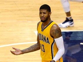 Pacers forward Paul George reacts after being called for a foul against the Raptors during second half NBA playoff action in Indianapolis on Thursday, April 21, 2016. (Brian Spurlock/USA TODAY Sports)