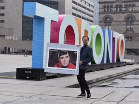 Chris Doohan - son of Star Trek star James Doohan - unveils the Scotty stamp in Nathan Phillips Square (supplied pic)