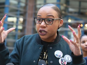 Alexandria Williams of Black Lives Matter in front of Police Headquarters on College St, on Saturday April 23, 2016 in Toronto. Veronica Henri/Toronto Sun/Postmedia Network