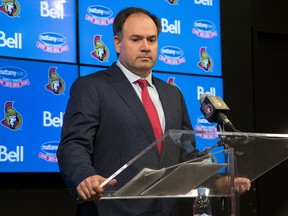 Senators general manager Pierre Dorion is looking for the right coach to take over the reins next season. (Wayne Cuddington/Postmedia Network)