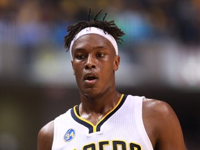 Pacers centre Myles Turner walks to the bench during NBA playoff acton against the Raptors in Game 4 of the first round series in Indianapolis on Saturday, April 23, 2016. (Brian Spurlock/USA TODAY Sports)