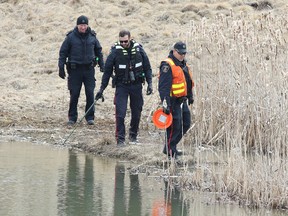 Members of the Greater Sudbury Police Service comb the area behind Walmart in the South End where human remains were found in Sudbury, Ont. on Sunday April 24, 2016. Gino Donato/Sudbury Star/Postmedia Network