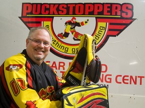 Chris Dyson, president of Puckstoppers in London, came to the game late due to health problems but found goaltending served not only his love of the game but his entrepreneurial instincts. (MIKE HENSEN, The London Free Press)