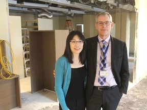 Project manager Clarrie Lam, left, and Dr. Stephen Archer, head of medicine, stand inside what will be a new cardiopulmonary research centre at Queen's University in Kingston, Ont. on Friday, April 22, 2016. The centre will go from basic research to clinical trials when it opens in September. Michael Lea The Whig Standard Postmedia Network