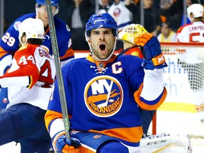 New York Islanders center John Tavares celebrates after scoring against the Florida Panthers during the second period of game four of the first round of the 2016 Stanley Cup Playoffs against the Florida Panthers at Barclays Center. (Andy Marlin/USA TODAY Sports)