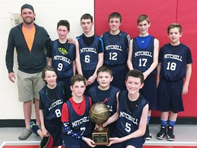 The Mitchell Mavericks basketball team captured the Huron-Perth championship April 15, defeating Goderich in the semi-final, and beating St. Marys 43-29 in the final. Team members were (back row, left): Darryl Siemon (coach), Raymond Horan, Declan Catalan, Connor Weir, Kurt Visser, Evan MacArthur. Front row (left): Bradley Boville, Ben Small, Greg Reidy and Darren Dixon. SUBMITTED
