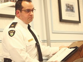 Jason Younan, inspector detachment commander for the Huron County OPP made an appearance at a Huron East council meeting April 19. “I’m not going to spin you a yarn here for Huron East and tell you cost will go down, it likely will not,” stated Younan. (Shaun Gregory/Huron Expositor)