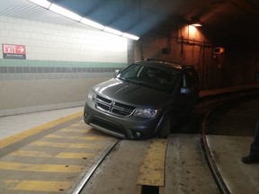 This vehicle made it 600 metres into the streetcar tunnel that links Queens Quay with Union Station on April 24, 2016. (@bradTTC/twitter.com)