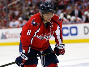 Washington Capitals left wing Alex Ovechkin  pauses on the ice during the second period of Game 5 in the first round of the NHL Stanley Cup hockey playoffs against the Philadelphia Flyers, in Washington. (AP Photo/Alex Brandon, File)