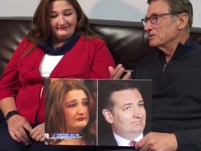 Maury Povich (left) holds up a picture of Searcy Hayes, 21, (sitting next to him) and Ted Cruz. (Facebook video screenshot)