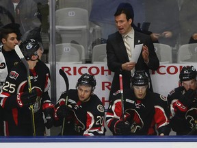 Binghamton Senators head coach Luke Richardson gets his troops going during first period AHL action agains the Marlies in Toronto on Feb. 24, 2016. The Ottawa Senators are considering moving their AHL affiliate to Belleville, Ont. (Jack Boland/Postmedia Network)