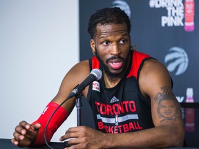 DeMarre Carroll addresses the media during a Raptors practice at the BioSteel Centre in Toronto on Monday, April 25, 2016. (Ernest Doroszuk/Toronto Sun)