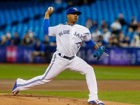 Blue Jays pitcher Marcus Stroman delivers to home plate during MLB action against the White Sox at the Rogers Centre in Toronto on Monday, April 25, 2016. (Dave Thomas/Toronto Sun)