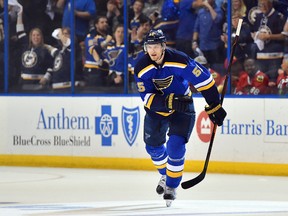 Blues defenceman Colton Parayko celebrates after scoring a goal against the Blackhawks during the first period in Game 7 of the first round NHL playoff series in St. Louis on Monday, April 25, 2016. (Jasen Vinlove/USA TODAY Sports)