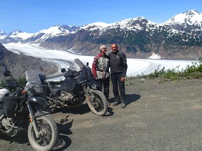 Heinz and Felicitas Winterscheidt take a break from their 57,000-kilometre motorcycle journey to explore Salmon Glacier in British Columbia. The Fingal-area pair just returned from their almost year-long North and South American trip last week.