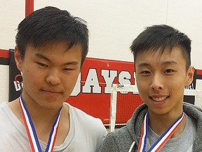 Lucas Chen, Moira, and Samson Chan, Centennial, won the junior and senior Bay of Quinte boys badminton singles titles, respectively. (Submitted photo)