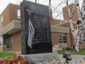 A memorial at the Clifford Hanson Fire Station on East Street, shown here on Tuesday April 26, 2016 in Sarnia, Ont., will be the location of a National Day of Mourning ceremony Thursday at 6 p.m. The annual community event honours those killed or injured at work. (Paul Morden, The Observer)