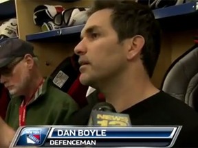 New York Rangers defenceman Dan Boyle argues with New York Post columnist Larry Brooks during locker cleanout day on April 26, 2016. (YouTube screen shot)