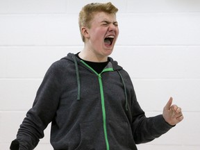 St Michael Elementary student Ryan Doyle cracks up the audience with his energetic routine at the Happiness at School Project Comedy Showcase on Tuesday April 26, 2016 in Belleville, Ont. Tim Miller/Belleville Intelligencer/Postmedia Network