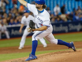 Blue Jays pitcher R.A. Dickey struggled against the White Sox, giving up six runs on eight hits over six innings on Tuesday. (Dave Thomas/Toronto Sun)